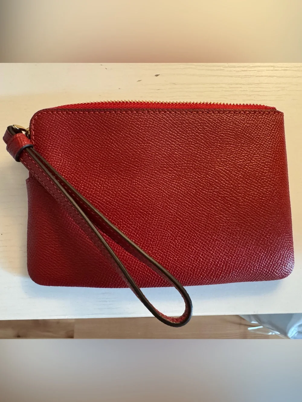 Coach Red Leather Wristlet Zip Pouch with Gold Logo